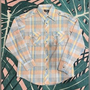 Vintage Dude By Cambridge Plaid Pocketed Long Sleeve Button Up Shirt Pastel